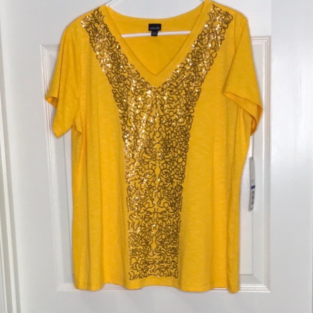 Rafaela marigold/gold/dark yellow knit top sequined dressy short sleeves XL